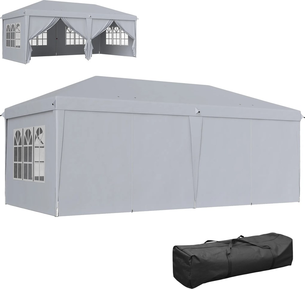 Outsunny Tonelă/barnum pliant pop-up 600 x 300 x 270 cm 4 pereți laterali detașabili 4 ferestre sac de transport gri deschis | Aosom Romania