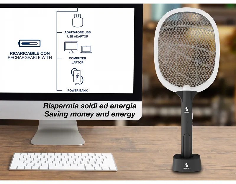 Rașetă electrică împotriva insectelor Beper P206ZAN250, 2 W, încărcare USB, suport, iluminare LED, alb