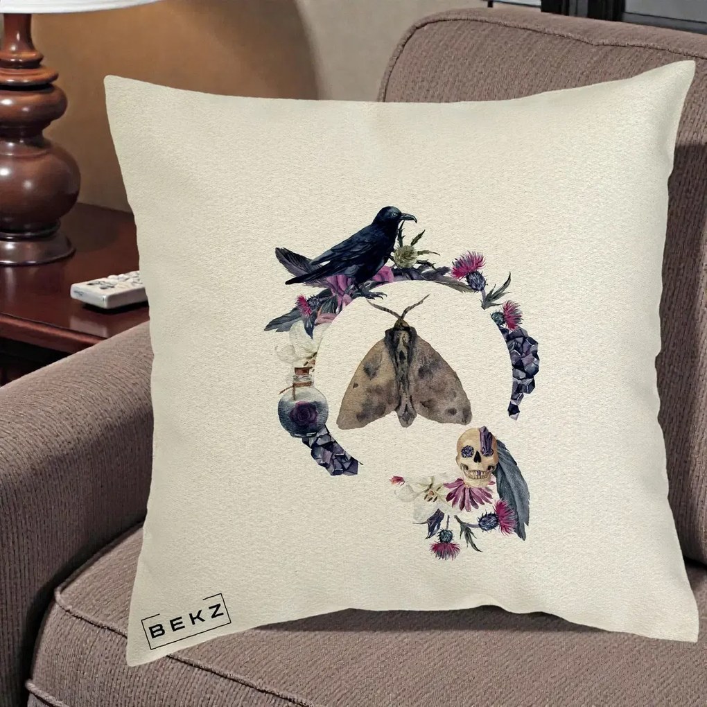 Perna Decorativa Gothic Wreath Corb Moliu Craniu, 40x40 cm, Ecru, Husa Detasabila, Perna Inclusa, BEKZ®