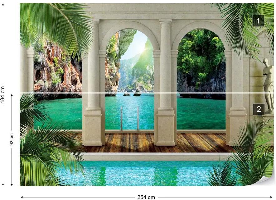 GLIX Fototapet - Tropical Lagoon 3D Archway View Vliesová tapeta  - 254x184 cm