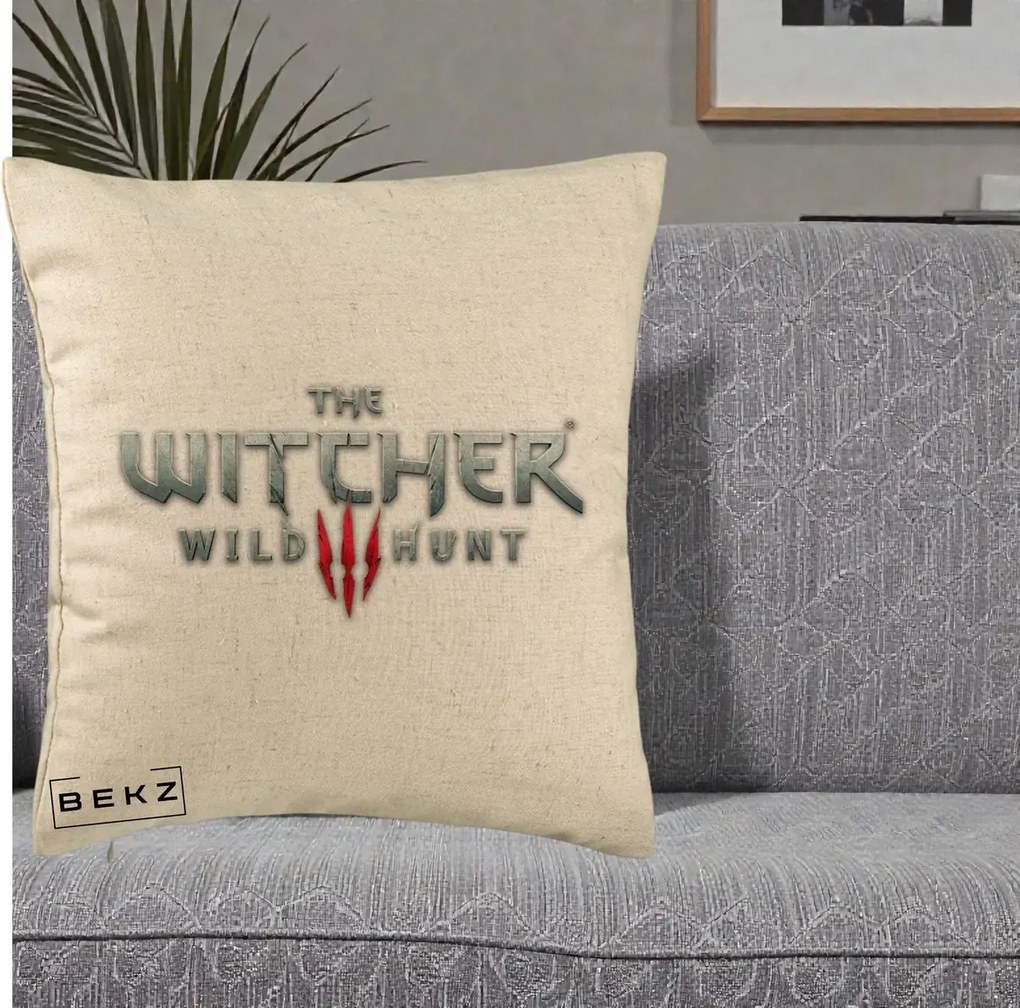 Perna Personalizata The Witcher 3 Wild Hunt, 40x40 cm, Bej, Husa Detasabila, Perna Inclusa, BEKZ®