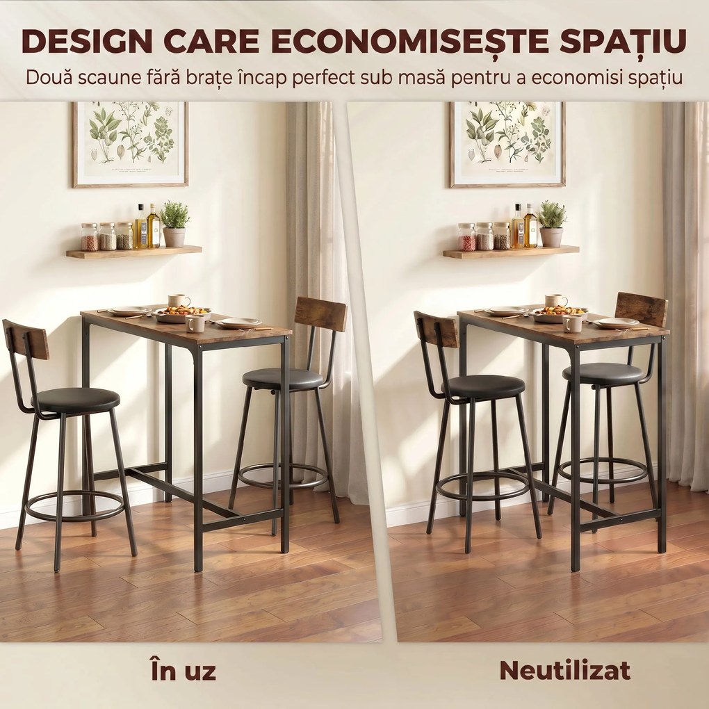 HOMCOM Set Masă de Bar cu 2 Scaune Înalte, Spătar, Suport pentru Picioare, MDF, Metal, 100x40x90,5 cm, Maro Rustic | Aosom Romania