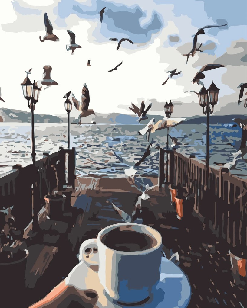 Pictura pe numere cu un cadru "O ceașcă de cafea lângă mare" 50x40 cm