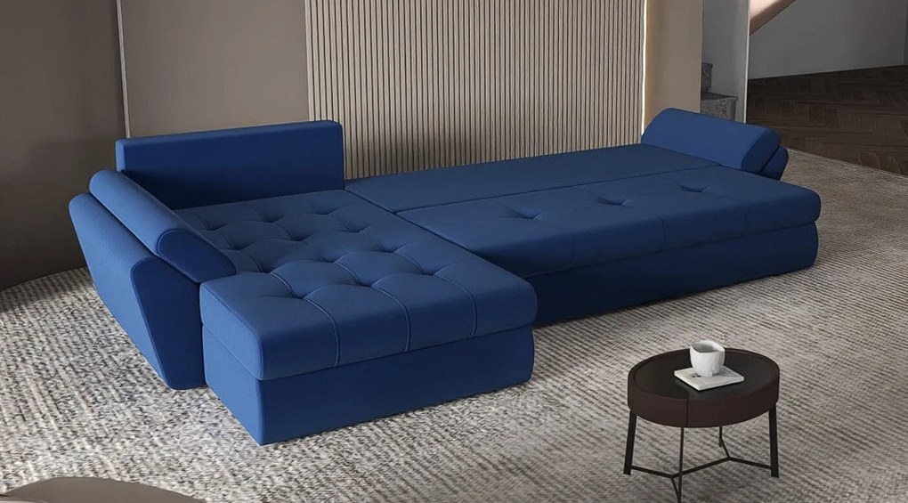 Colțar extensibil dumonde cu ladă de depozitare si sezut confortabil din spuma high-density, Loana XL Royal Albastru II 335x185 cm