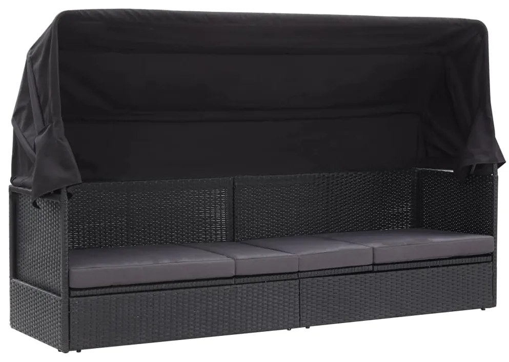 46092 vidaXL Pat canapea de exterior cu copertină, negru, poliratan