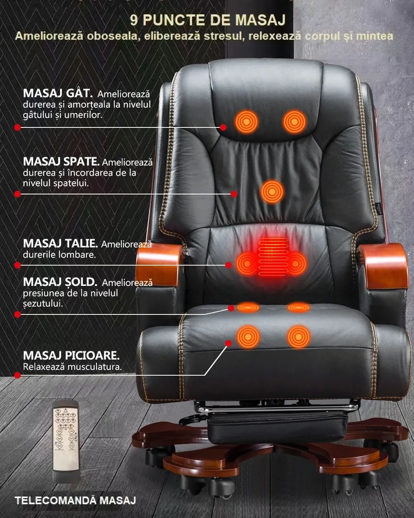 Scaun directorial din piele naturala si lemn masiv, Masaj in 9 puncte si Incalzire, rezistent 150 kg, Negru