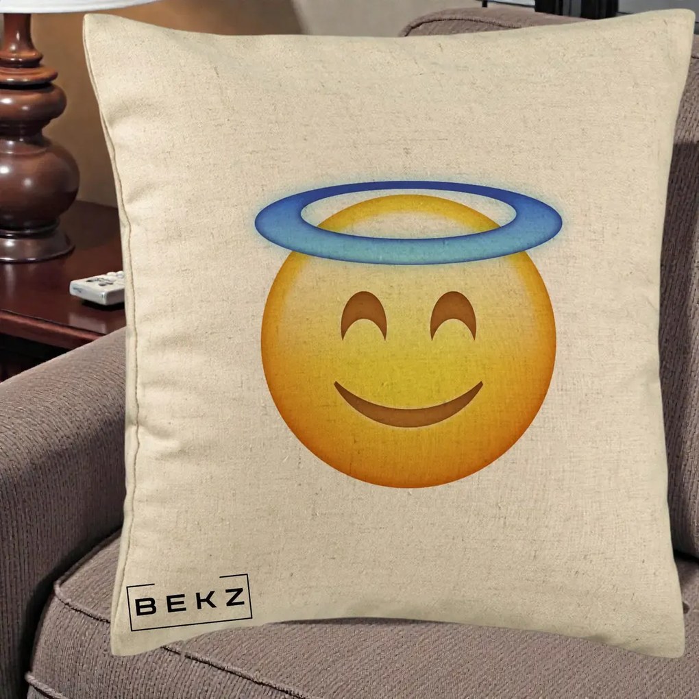 Perna Decorativa Emoji Inger cu Aureola, 40x40 cm, Bej, Husa Detasabila, Perna Inclusa, BEKZ®
