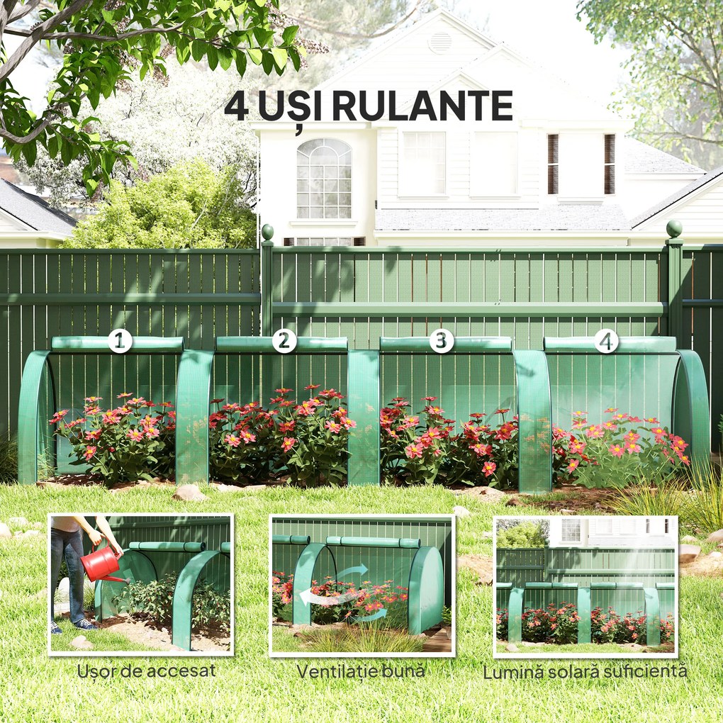 Outsunny Seră Portabilă Tip Tunel 4x1x0.8 m cu 4 Uși cu Fermoar, Acoperire PVC Rezistentă la Apă/UV | Aosom Romania