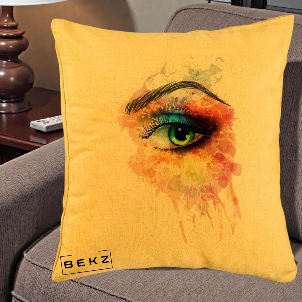 Perna Decorativa Ochi Verde Acuarela, 40x40 cm, Galben, Husa Detasabila, Perna Inclusa, BEKZ®