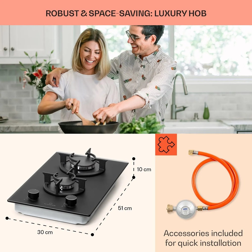 Firetale, plită cu gaz, 2 arzătoare, arzătoare din aluminiu, gaz natural/propan, inclusiv furtun și reductor de presiune