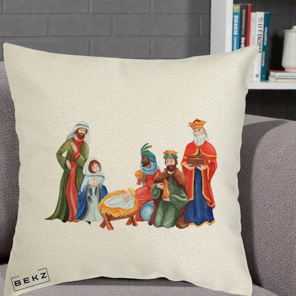 Perna Decorativa Nasterea Domnului Cei Trei Magi Acuarela, 40x40 cm, Ecru, Husa Detasabila, Perna Inclusa, BEKZ®