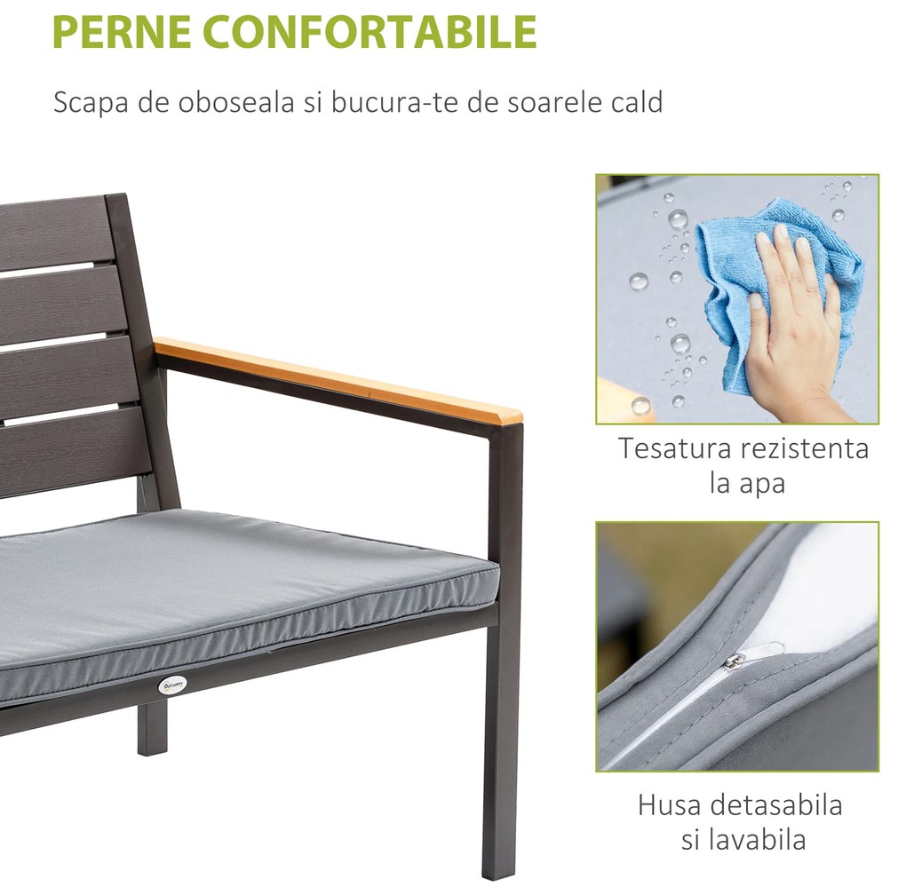 Salon de Gradina Outsunny Set 4 Piese cu 1 Canapea, 2 Fotolii si 1 Masuta, Mobilier de Gradina din Otel si Plastic, Maro