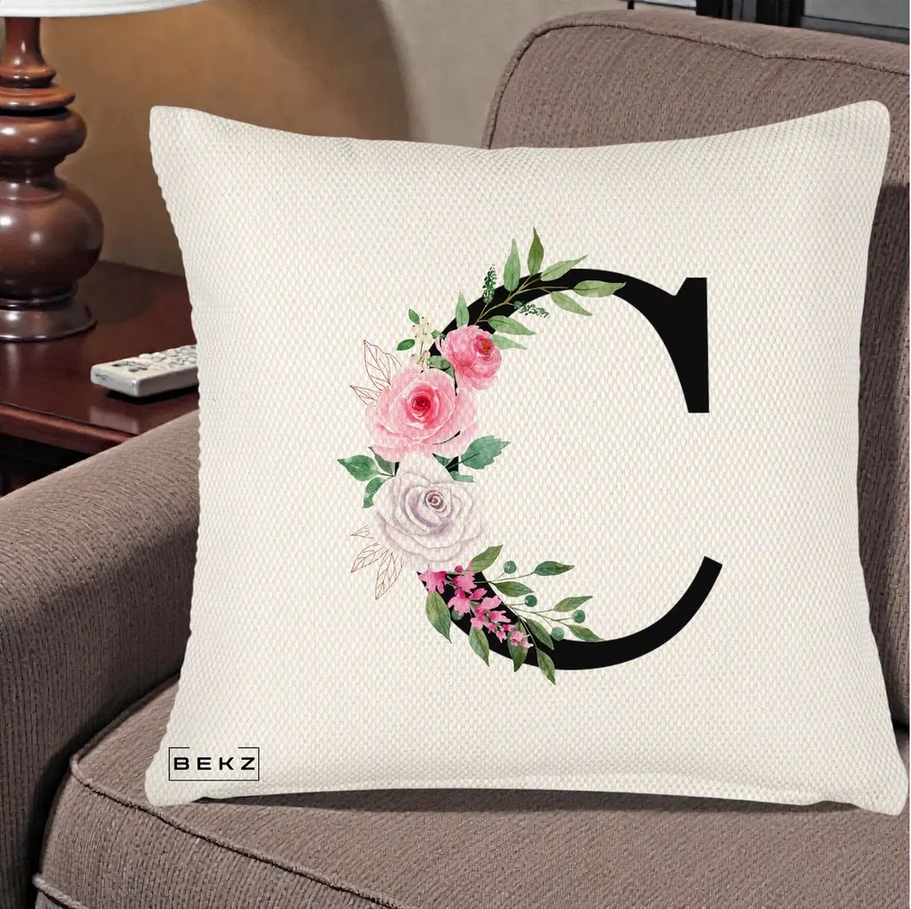 Cadou Personalizat - Perna Personalizata Monograma Florala Litera C, 40x40 cm, Crem Reliefat, Husa Detasabila, Perna Inclusa, BEKZ®