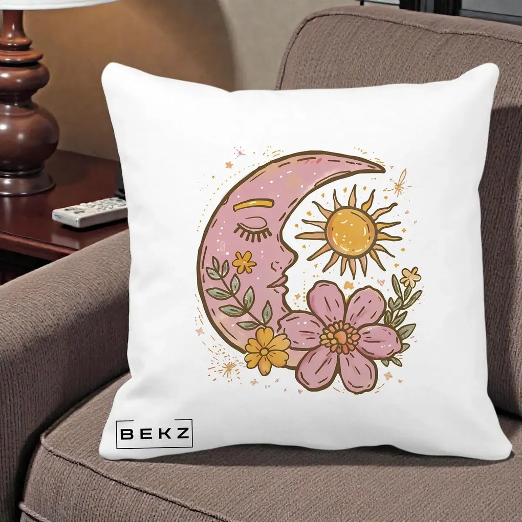 Perna Personalizata Luna si Soare Floral Boho, 40x40 cm, Alba Mata, Husa Detasabila, Perna Inclusa, BEKZ®