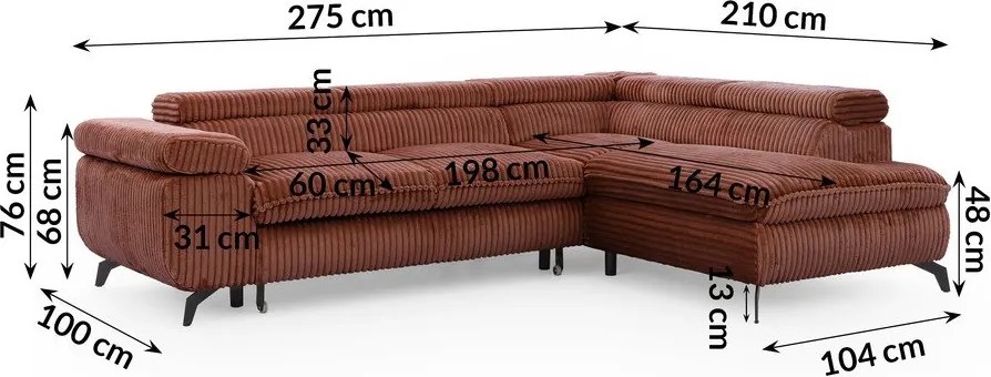 Colțar teracotă cu tapițerie din catifea reiată (cu colț pe partea dreaptă/în formă de ”L”) Marbeya – Ropez