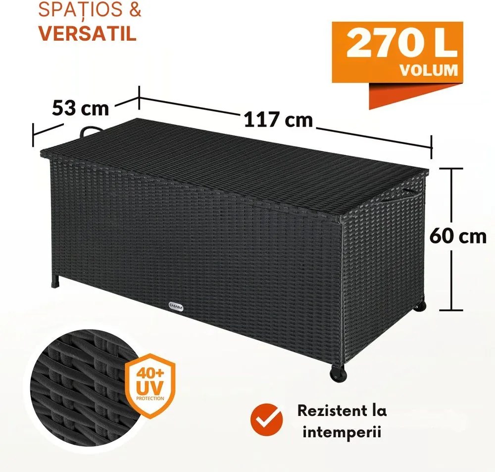 Ladă de depozitare din poliratan RICCO, 270L, 117x53x60cm, negru Casaria