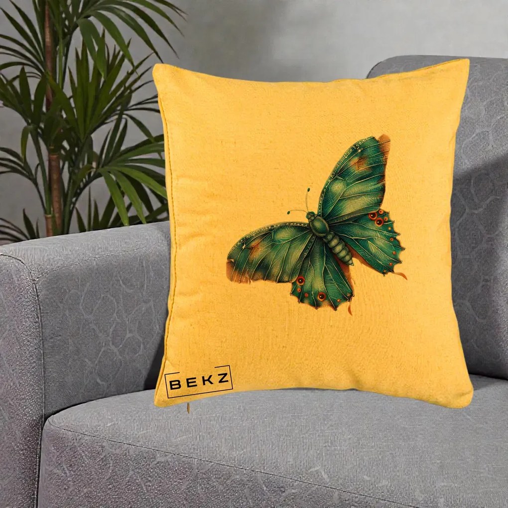 Perna Decorativa Fluture Albastru Satin cu Pete Aurii, 40x40 cm, Galben, Husa Detasabila, Perna Inclusa, BEKZ®