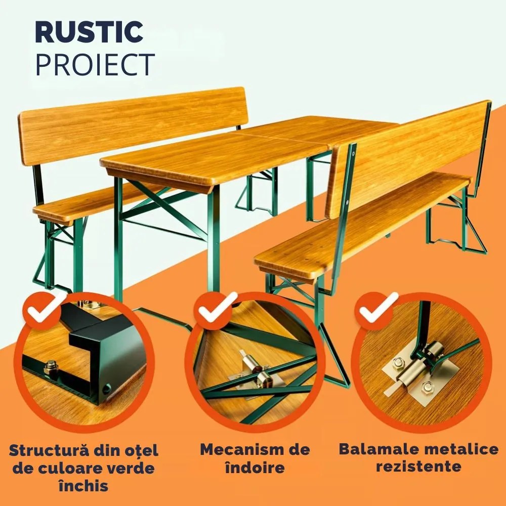 Set de masă pentru bere PRAKTIK cu spătar, 170cm, maro Jurhan