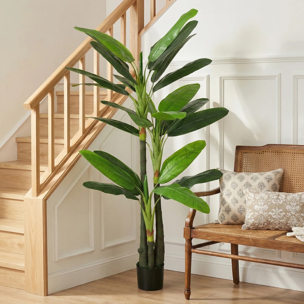HOMCOM Arbore Artificial de Banan 180 cm cu Ghiveci, Plantă Falsă cu 18 Frunze pentru Decor Interior sau Birou, Verde | Aosom Romania