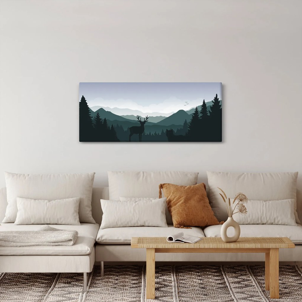 Tablou - Cerb cu lup pe stânci (120x50 cm)