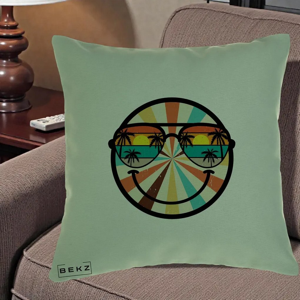 Perna Decorativa Smiley Face Retro Sunset Palmieri, 40x40 cm, Verde, Husa Detasabila, Perna Inclusa, BEKZ®