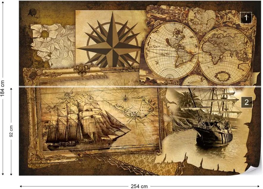 Fototapet GLIX - Vintage Ships And Maps + adeziv GRATUIT Tapet nețesute - 254x184 cm