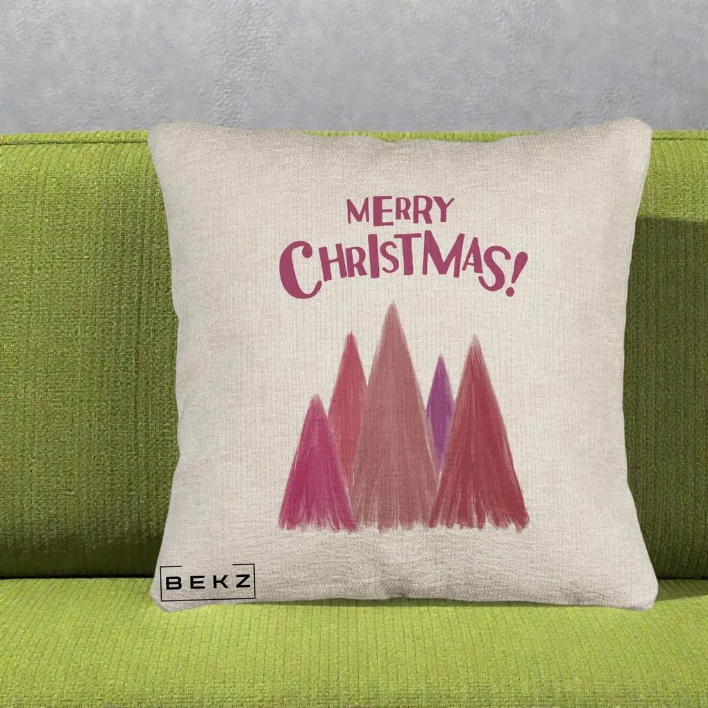 Perna Decorativa Merry Christmas Brazi Roz, 40x40 cm, Bej Canapea, Husa Detasabila, Perna Inclusa, BEKZ®
