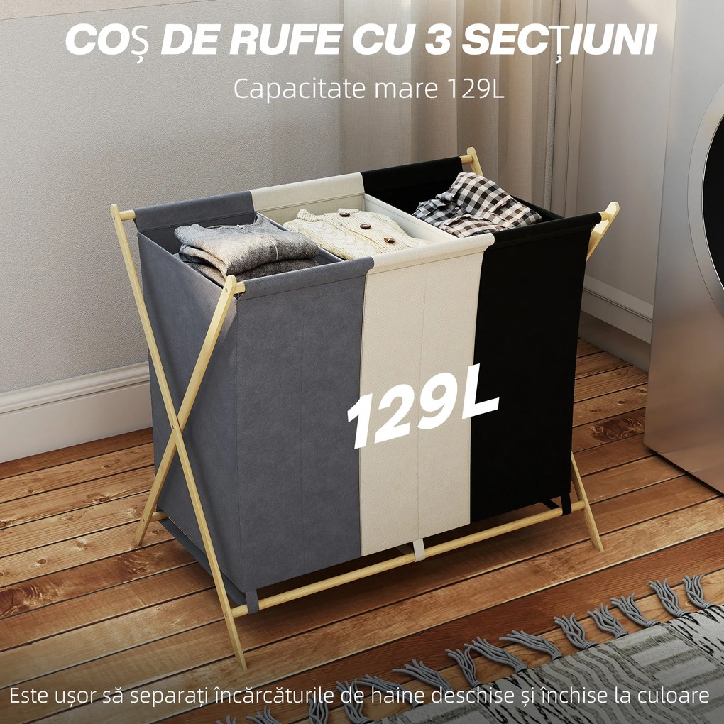 HOMCOM Coș de rufe pliabil 129L cu 3 compartimente și cadru X pentru dormitor, baie sau utilități. | Aosom Romania