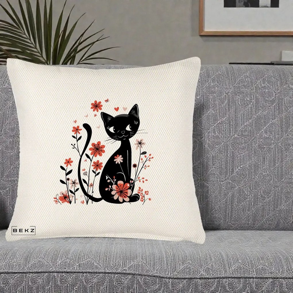 Perna Decorativa Pisica Neagra Flori Roz si Inimi, 40x40 cm, Crem Reliefat, Husa Detasabila, Perna Inclusa, BEKZ®