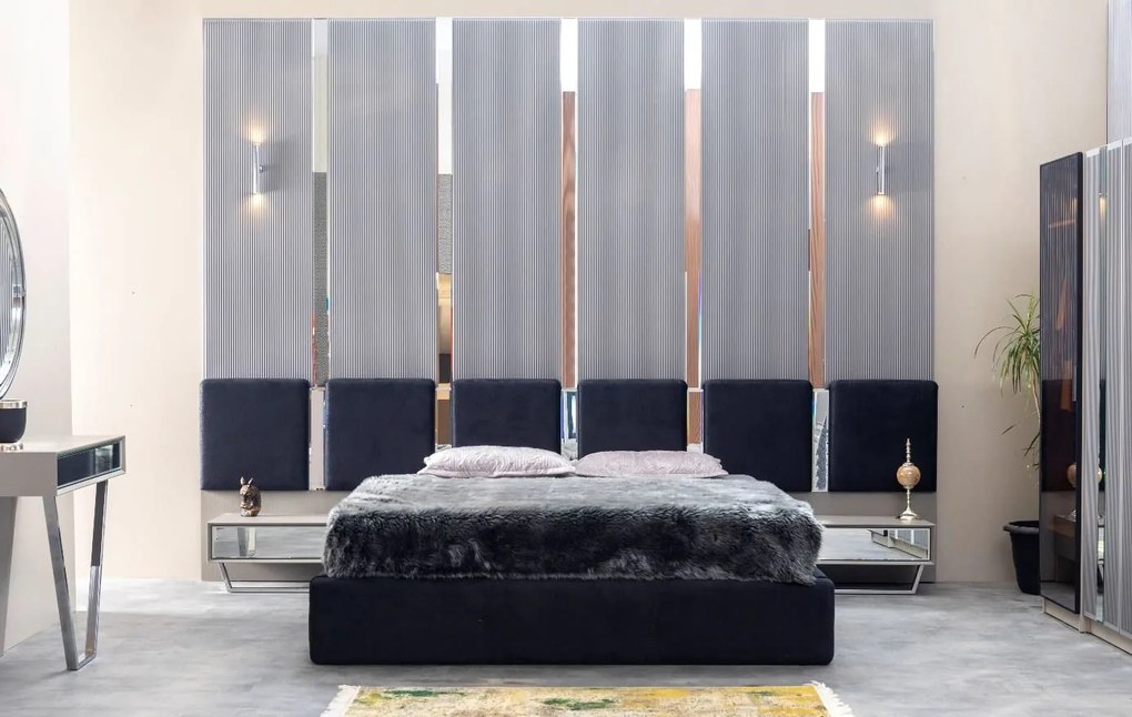 Pat set cu tablie decorativa cu oglinzi, noptiere si iluminat integrat 160x200 - istanbul