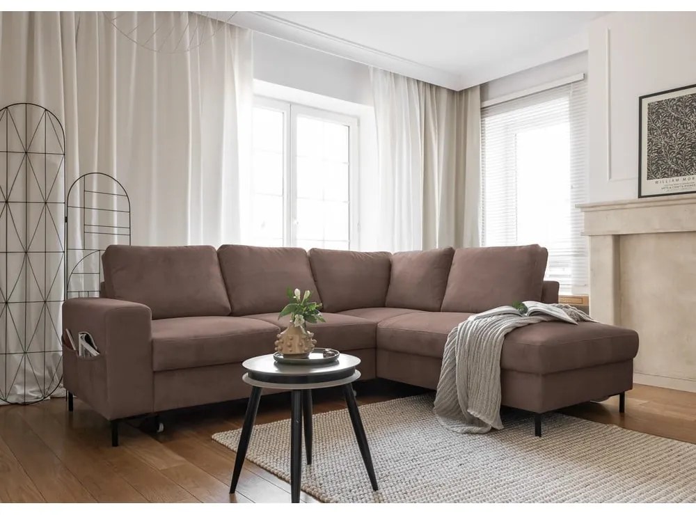 Colțar maro extensibil cu tapițerie din catifea reiată (cu colț pe partea dreaptă) Lofty Lilly – Miuform