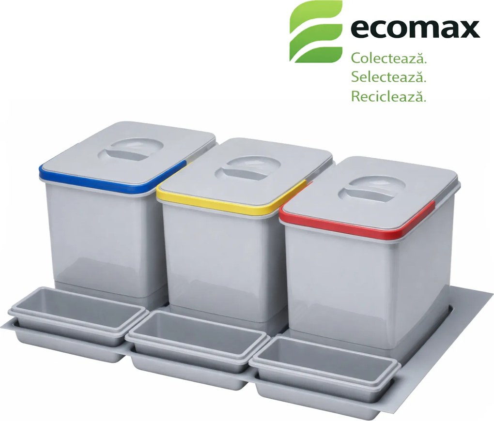 Coș gunoi încorporabil în sertar, Ecomax Praktico 800, colectare selectivă, gri, 3 x 15 l Plastic, L:710 mm; A:475 mm; H:300 mm, 800 mm, Gri