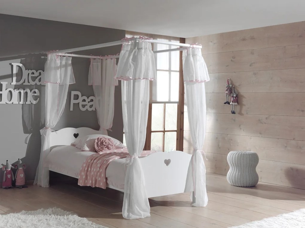 Set AMORI în alb este format dintr-un Pat copii cu baldachin (90 x 200 cm) și somieră asortată cu cadru fix și un set textil.