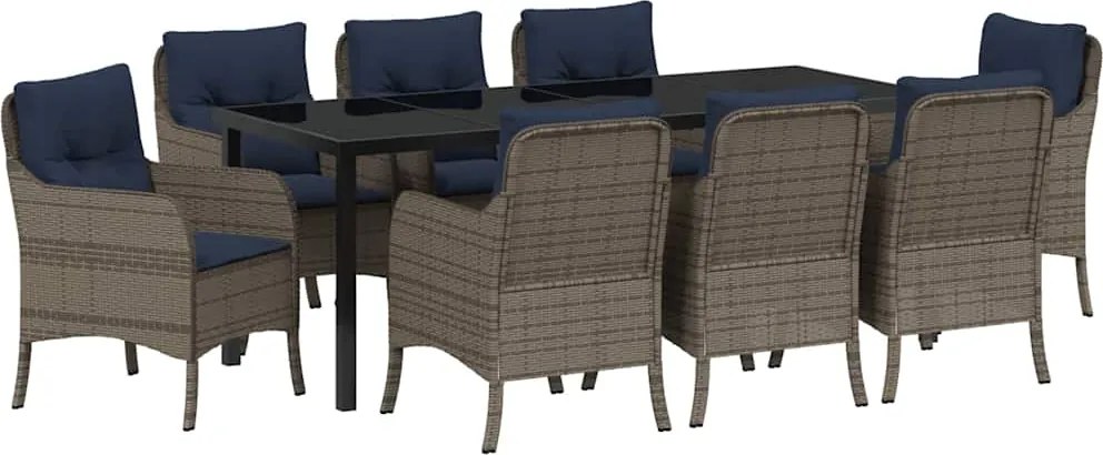 vidaXL Set de masă pentru grădină cu pernă 9 pcs Gri poliratan
