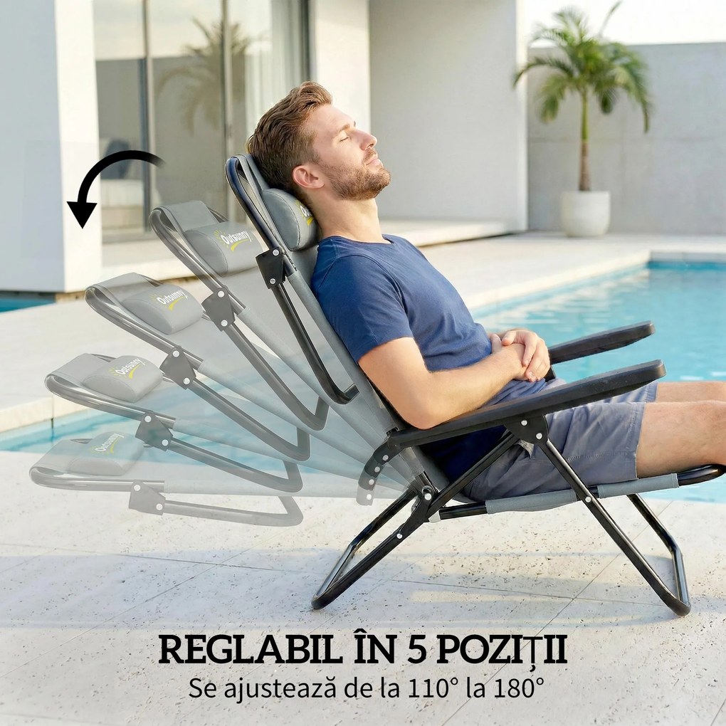 Outsunny Set de 2 Scaune de Camping Portabile, Plajă Pliabile, Spătar Reglabil, Gri Deschis. | Aosom Romania