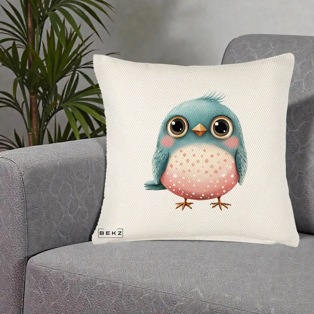 Perna Decorativa Pasare Teal-Roz cu Pete, 40x40 cm, Crem Reliefat, Husa Detasabila, Perna Inclusa, BEKZ®