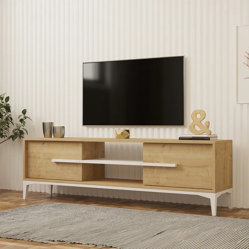 Comoda TV Eslora, culoare natural-alb, 160 x 34.6 x 45 cm