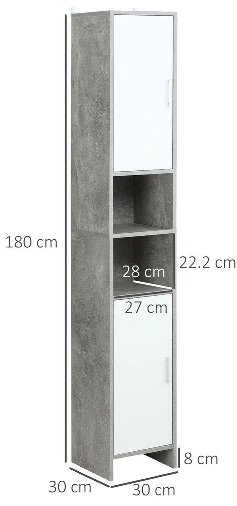 Dulap Baie Kleankin pentru Economisire Spațiu, cu 2 Uși din PAL, Efect Ciment, Gri-Alb, Dimensiuni 30x30x180cm, Ideal pentru Organizare | Aosom Romania