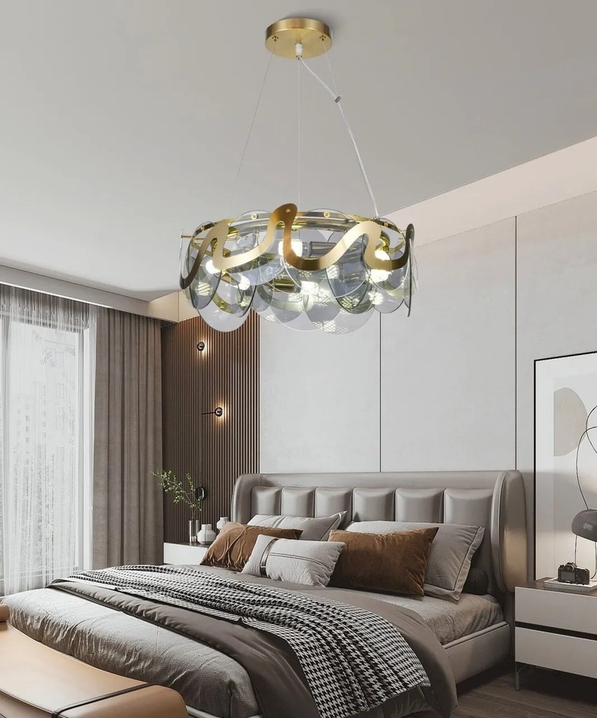 Lustră Suspendată din Sticlă – 10 Brațe, Fasung E14, Design Auriu Elegant, Ø75 cm, Înălțime Reglabilă