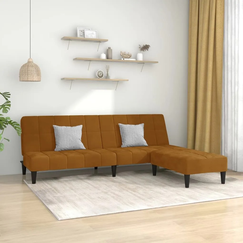 3080694 vidaXL Canapea extensibilă cu 2 locuri și taburet, maro, catifea
