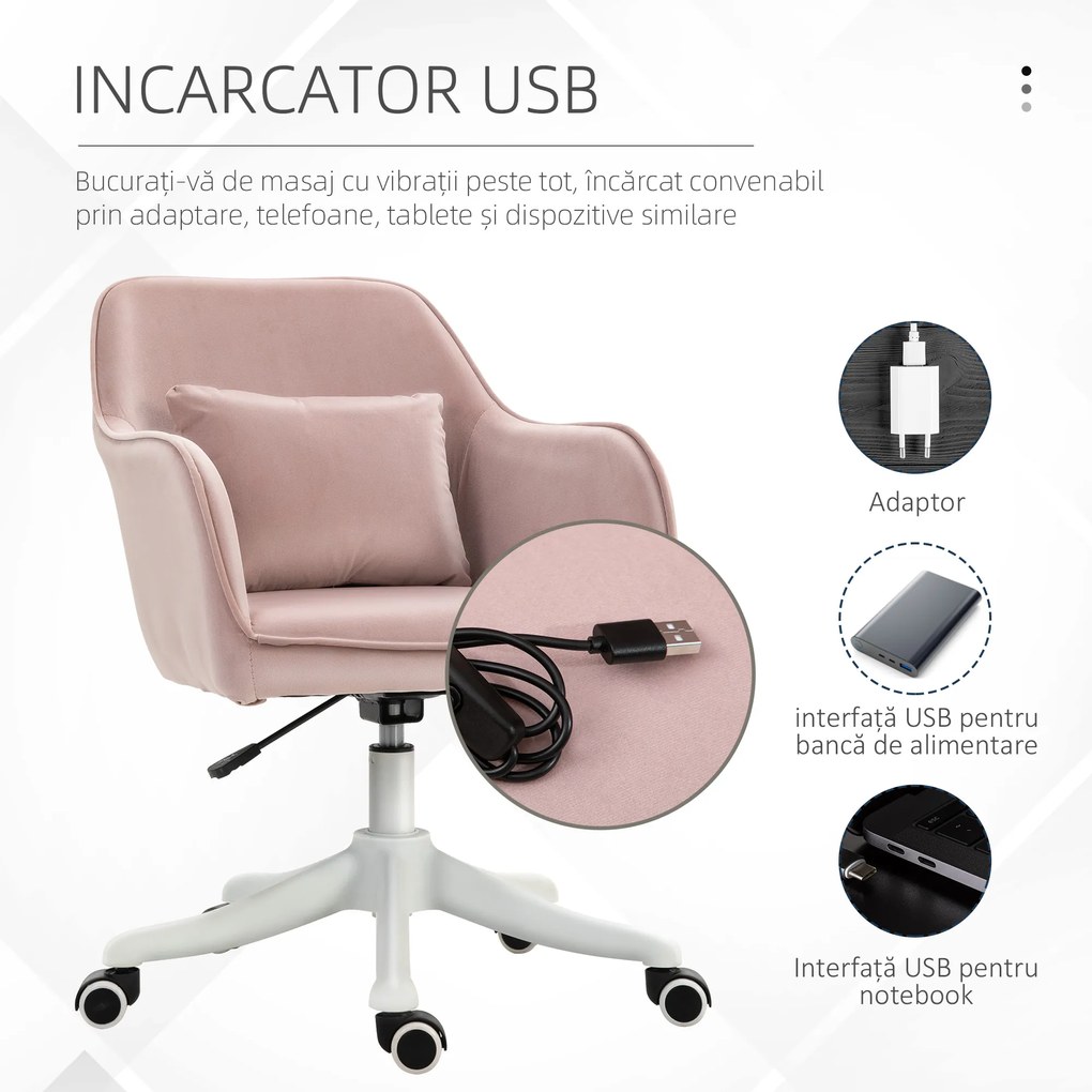 Vinsetto Scaun de Birou cu 2 Puncte de Vibrații, Pernă, Alimentare USB, Brațe și Înălțime Reglabilă, 57x70x78-86 cm, Roz | Aosom Romania