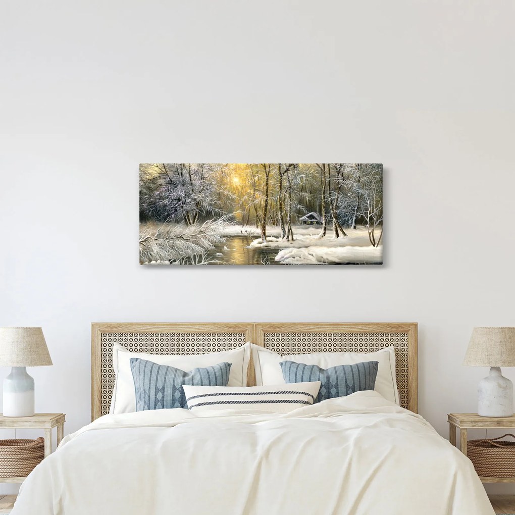 Tablou - Cabană în pădure, pictură în uei (120x50 cm)