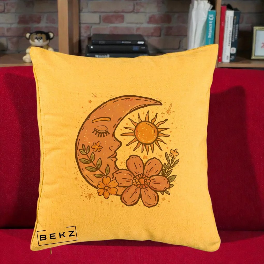 Perna Personalizata Luna si Soare Floral Boho, 40x40 cm, Galben, Husa Detasabila, Perna Inclusa, BEKZ®
