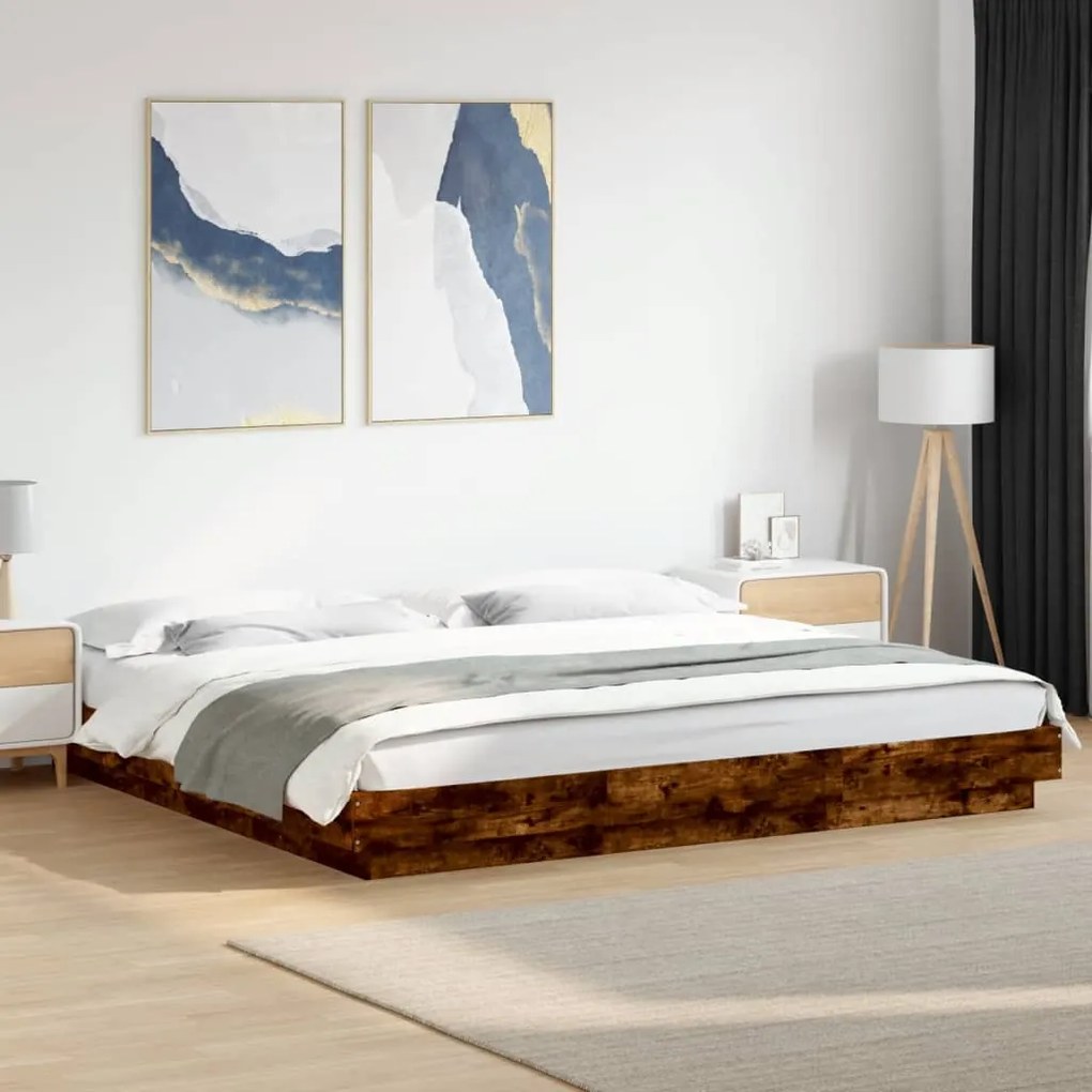 vidaXL Cadru de pat cu LED stejar fumuriu 200x200cm lemn prelucrat