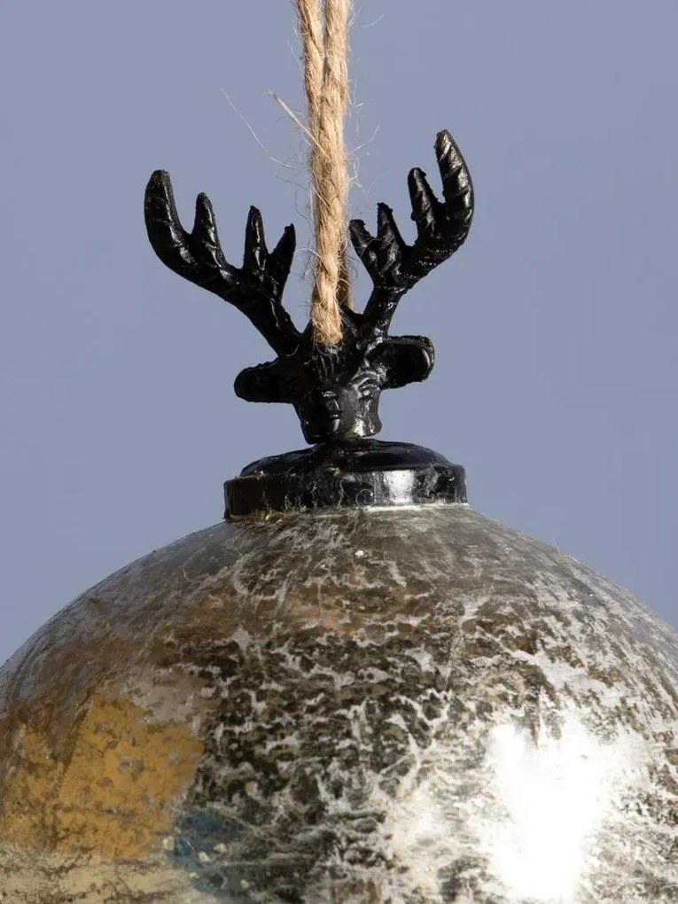 Glob decorativ din sticlă și metal, argintiu, formă de picătură, cap de cerb cu coarne ramificate în vârf, finisaj patinat, 30 x 13 cm, „Cerf”