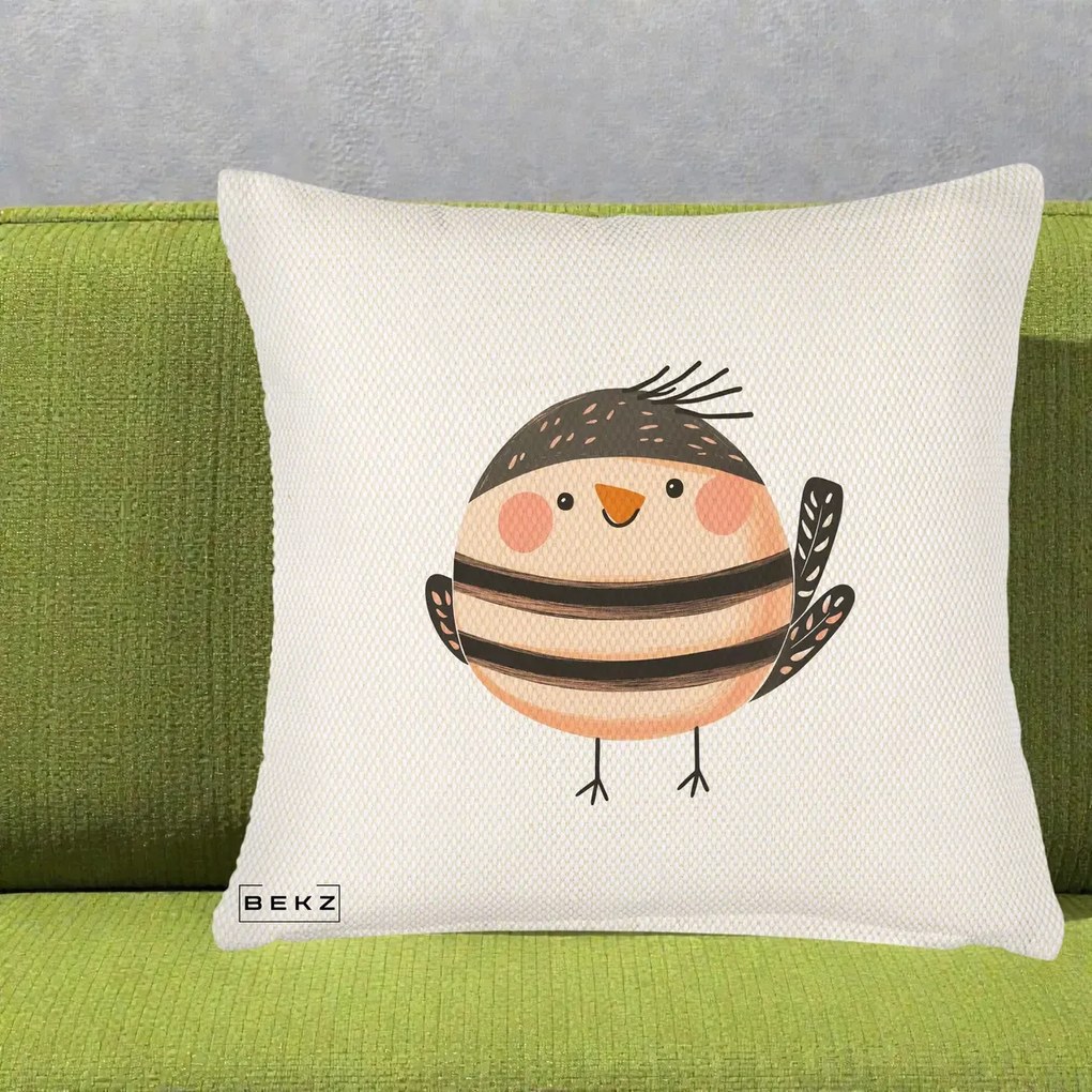 Perna Decorativa Pui Kawaii Bej-Negru Dungat, 40x40 cm, Crem Reliefat, Husa Detasabila, Perna Inclusa, BEKZ®