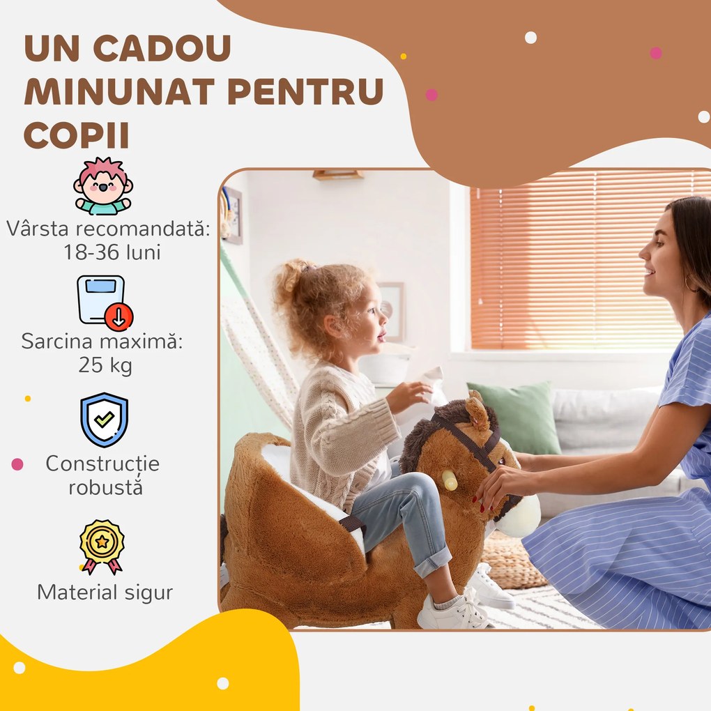 AIYAPLAY Cal Balansoar pentru Copii 18-36 Luni cu Sunete, Bază din Lemn și Centură de Siguranță, 68x33x45 cm, Maro | Aosom Romania