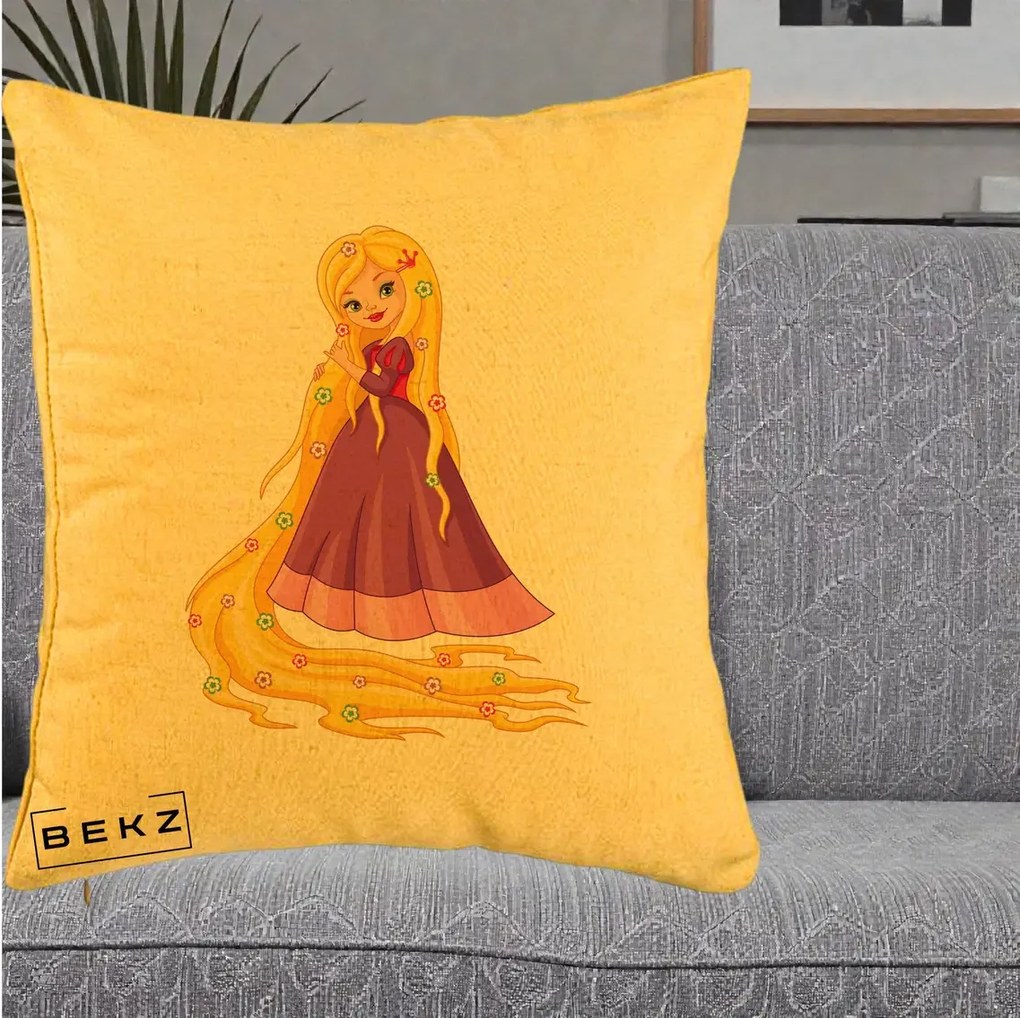 Perna Personalizata Rapunzel Par Lung Floral, 40x40 cm, Galben, Husa Detasabila, Perna Inclusa, BEKZ®