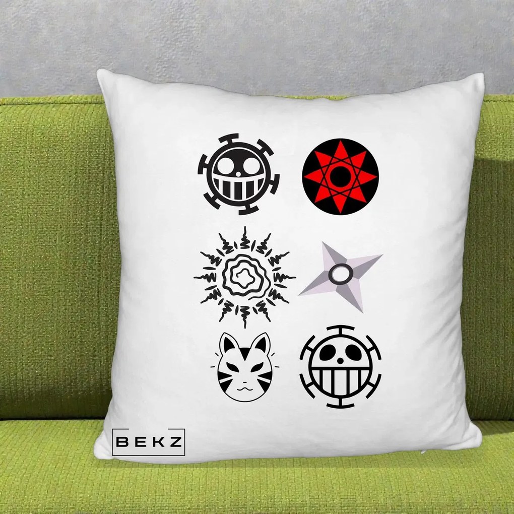 Perna Personalizata Simboluri Anime Mix - Naruto One Piece, 40x40 cm, Alb Pufos, Husa Detasabila, Perna Inclusa, BEKZ®