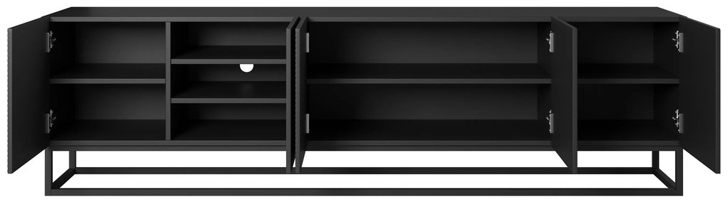 Comodă TV Asha 200 cm cu front canelat și cadru metalic - negru mat